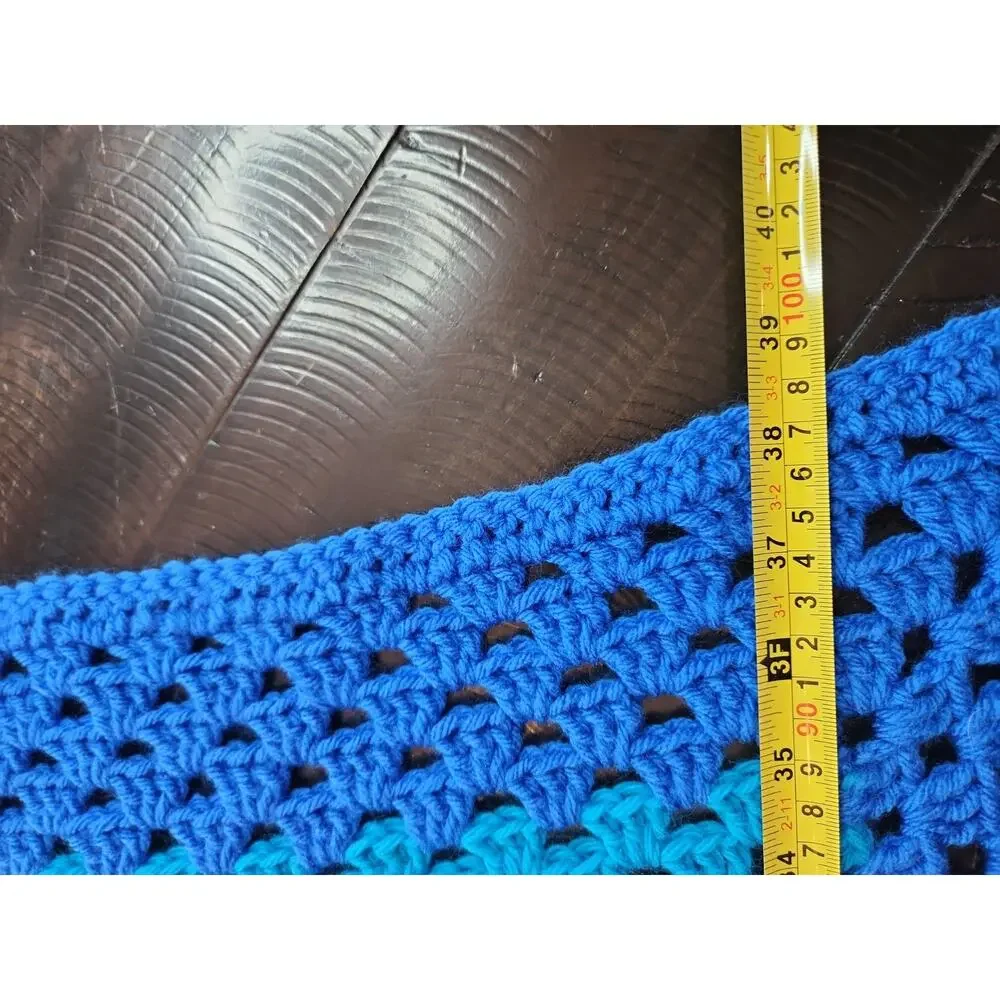 Handmade Crochet Afghan Blanket Blue Turquoise Cream Granny Stitch 38x28